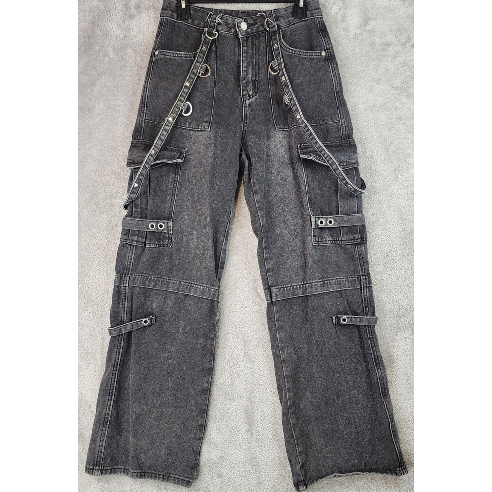 ROMWE Jeans Womens Small Black Wash Cargo Pants Strappy Detail Goth Emo Retro